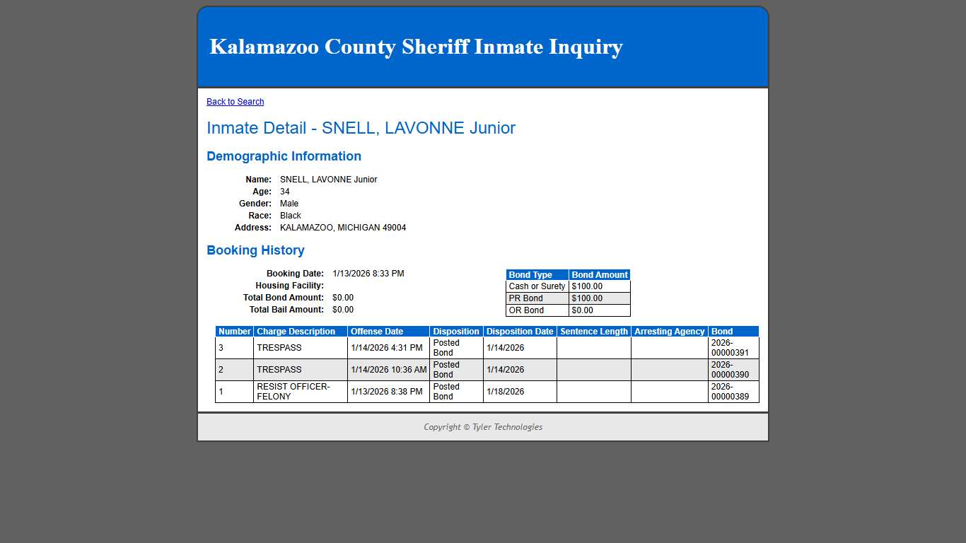 Inmate Detail - SNELL, LAVONNE Junior